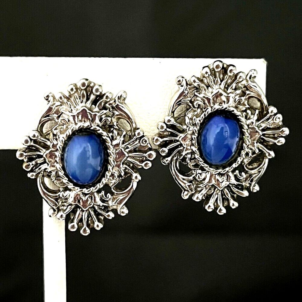 Vintage 1960s Filigree Clip Earrings Blue Cabochon Silver Tone - 1Q